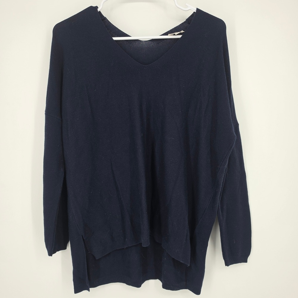 An'ge V-Neck Pullover Sweater S/M Navy Blue Minimalist Parisian Chic